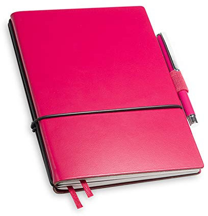 A6 revolutionäres X17-Notizbuch! Recyceltes Leder magenta, mit Geschenkbox; Innen: 2x Notizen(blanko, kariert), Stifthalter, Doppeltasche, Mini Stift; austauschbar, Made in Germany