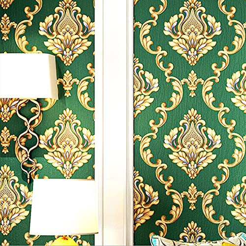 Q QIHANG European Style 3D Damask PVC Wallpaper Living Room Bedroom TV Background Wall 20.87 Wx393.7 L Non-Pasted (Dark Green)
