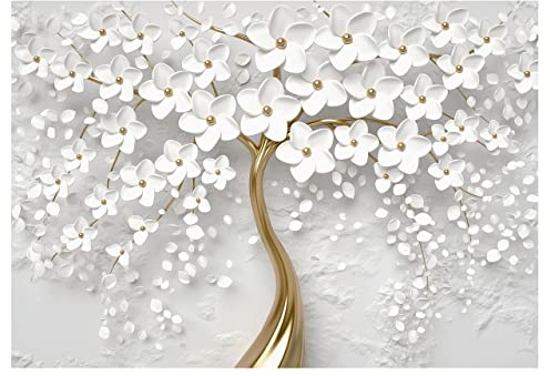 WallArena - Vlies Fototapete Blumen 3D Effekt weiß gold Baum 208x146 cm - Fototapeten - Tapeten - für Wohnzimmer Schlafzimmer - Vliestapete Wandtapete Tapete 3D Effekt- inkl. Kleister