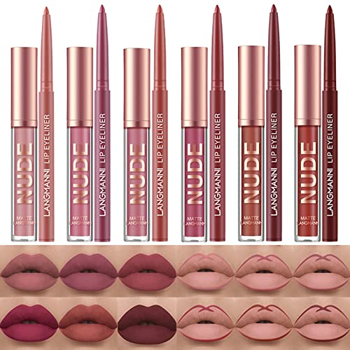 Petansy 12pcs Lip Liner and Lipstick Makeup Set 6 Colors Matte Liquid Lip Sticks + 6 Matching Smooth Lip Liner, All in One Waterproof Long Lasting Lip Gloss Make-up Gift Set for Girls and Women