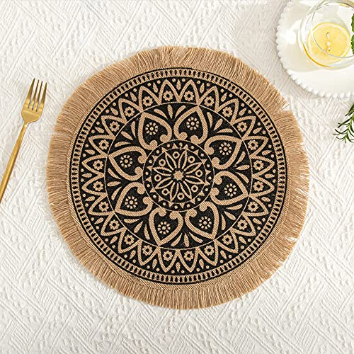 Rund Gewebte Platzset,Boho Tischsets,Jute Tischsets mit Mandala Quaste,Böhmen Farmhouse Retro Restaurant Tischdekoration Platzdeckchen Tischsets für Hochzeit Festival Party Küche Speisetisch,2er Set L