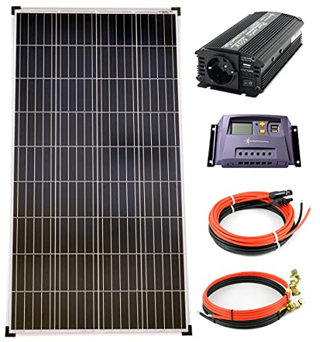 solartronics Komplettset 1x140 Watt Poly Solarmodul 600 W Spannungswandler 10A Laderegler gelb Photovoltaik Inselanlage