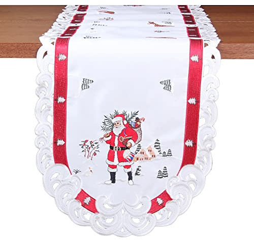 HanaQi Weihnachtsmann in Winterlandschaft Stickerei Tischband 45 x 170 cm Polyester, rot-weiß