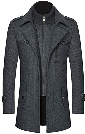 Manteau Homme en Laine à Double Col Manteau Mi-Long éPais en Laine d'hiver Chaude Classique à Boutonnage Simple Veste Parka Coupe-Vent DéContractée D'Extérieur Coat