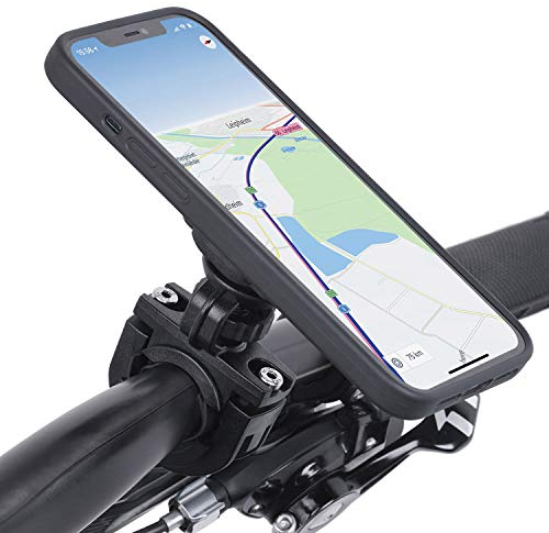 Wicked Chili QuickMOUNT Fahrrad Halterung kompatibel mit Apple iPhone 13/13 Pro (6,1 Zoll) Mit Adapter für 22-32mm Lenker (360° drehbar) Outdoor-Schutzhülle und Sicherungsband, schwarz