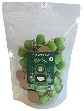 CAPSUL&BIO Thé Vert à la Menthe biologique - 50 Capsules Biodégradables - Compatible avec les machines Nespresso - 100% Végétales - Rapide et Sain - Fabrication Française