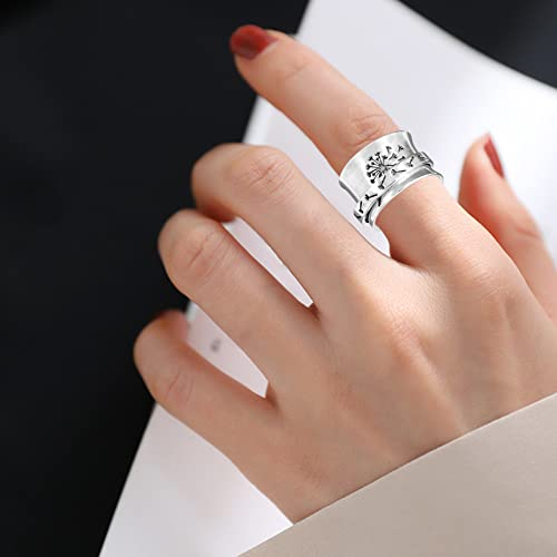 Löwenzahn Ring, Meditationsring Drehring Silber Fingerringe mit Löwenzahn Blume Gravur Knuckle Ringe Breite Ringe Anti-Angst Stressabbau Ring Daumenring Schmuck für Frauen Männer Drehbare Ringe