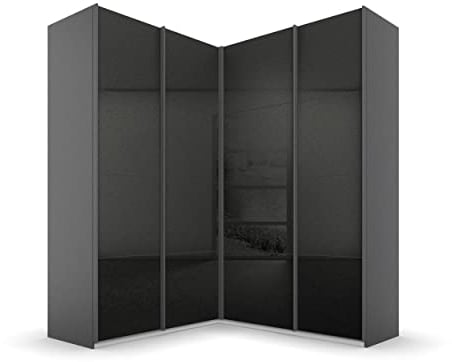 Rauch Möbel Quadra Schrank Eckschrank Schwebetürenschrank, Grau metallic/Hochglanz Effektgrau, Schwarz, 4-trg., inkl. 2 Kleiderstangen, 12 Einlegeböden, 3 Schubladen, BxHxT 181x229x187 cm