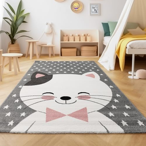 SIMPEX Teppich Kinderzimmer Katze Design Kurzflor Kinderteppich mädchen Spielteppich Modern Design Babyzimmer Teppiche für Junge und Mädchen Weich Pink 140 x 200 cm