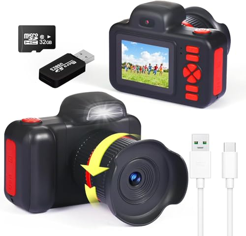 YunLone Camara Fotos Infantil, 1080P HD Selfie Video Camara de Fotos , Mini DSLR con Tarjeta SD de 32GB, Regalos de Cumpleaños para Niños de 3 4 5 6 7 8 Años(Negro)