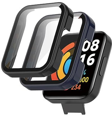 Alenbowen Custodia compatibile con Xiaomi Redmi Watch 2 lite PC Cover con Protezione in Vetro Temperato, Protezione Totale Ultra Sottile per Custodia Protettiva -nero+blu scuro[2 pezzi]