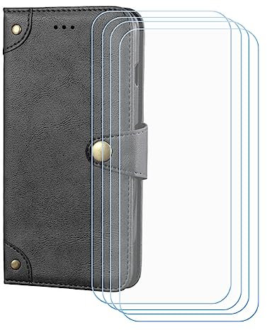 Handyhülle für Blackview BV8900 + [4 Stück] Panzerglas, HD Gehärtetes Glas Displayschutzfolie - Leder Flip Case Schutzhülle Tasche Handytasche für Blackview BV8900 (6,5) - Schwarz-HZLD