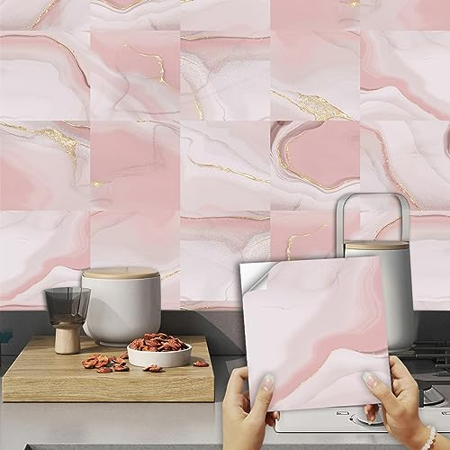 Fliesenaufkleber Roségold Marmor Klebefliesen Wasserfest Fliesenaufkleber Bad Vinyl Küchenrückwand Selbstklebend Fliesenaufkleber Küche Deko Fliesenfolie 10 Stück/15x15cm