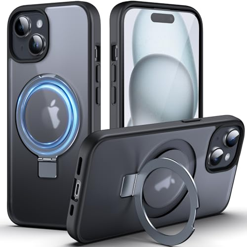 DASFOND Hülle für iPhone 15 mit Ständer, [Kompatibel mit MagSafe ] [All-in-1] Upgraded Magnetische Matt Case mit Unsichtbar Ständer, Handyhülle mit Militär stoßfesten Schutzhülle, Schwarz
