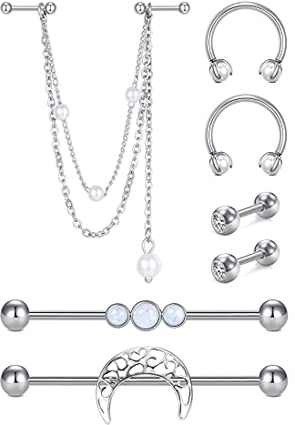 AceFun 7 Stück Knorpel Ohrstecker Chirurgenstahl Helix Piercing Industrial Piercing Industrial Ohrringe Doppelknorpel Ohrringe mit Kette Dangle für Damen Herren