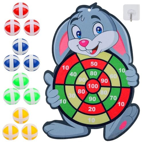 JOFONY Oster Hasen Dartscheibe Klett Dartspiel,Klettballspiel mit 12 Klebrigen Bällen,Kinder Klett Dartscheibe für Ostern Spielzeug Ostern Deko