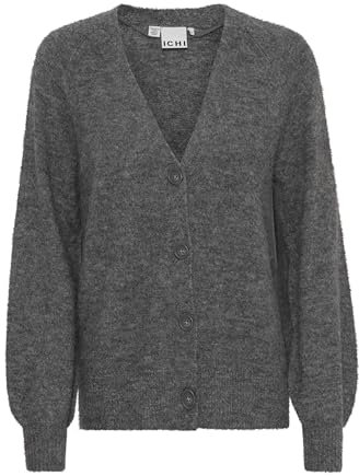 ICHI IHKAMARA Damen Strickjacke Cardigan mit Feinstrick Knöpfen leicht elastisch V-Auschnitt Regular fit, Größe:M, Farbe:Dark Grey Melange (200319)