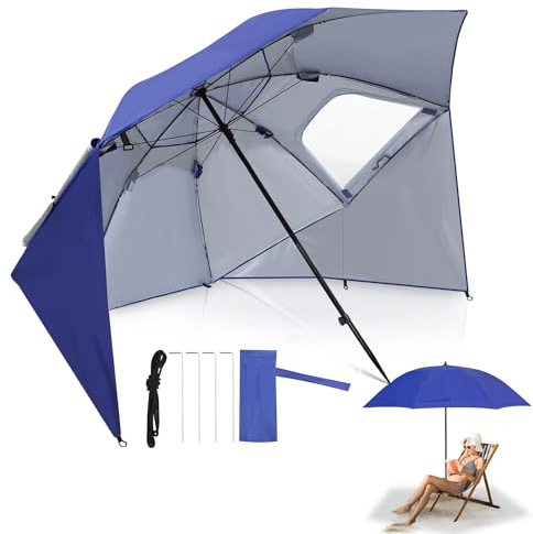 Fiqops Sombrilla de playa 2 en 1 de aluminio para playa, jardín, protección solar UV 50, plegable, multifuncional, con ventana y bolsa de transporte, 210 x 220 cm, color azul