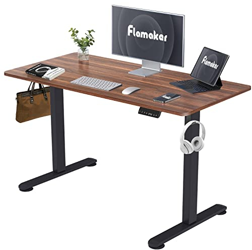 Flamaker Höhenverstellbarer Schreibtisch Ganze Tischplatte 120 x 60 cm Schreibtisch Höhenverstellbar Elektrisch mit Memory-Steuerung und Häkchen und 360° Rollen (Walnuss)