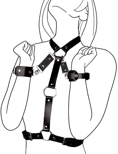 Leder Harness Damen Body mit Handschellen Punk Bondage Brust Geschirr Halsband für Frauen SM Bettfesseln Sexy Unterwäsche Dessous Handfesseln Handcuffs SexSpielzeug Bondage Set Fesselset für Frauen