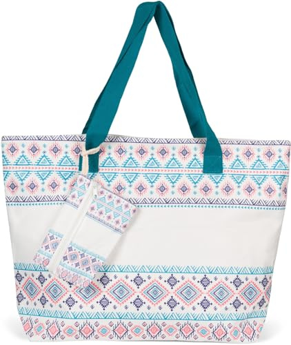 styleBREAKER Damen Strandtaschen Set Azteken Muster | 57,5x40x15 cm, Reißverschluss, 68 cm gewebte Henkel. Inkl. 19x13 cm Etui für Wertsachen. Geräumiger Boho-Shopper für Familie.