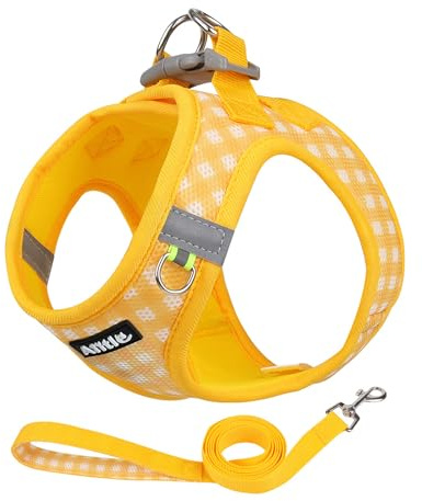 AIITLE Step-in-Hundegeschirr Set verstellbar reflektierend, Gelb XS | Reflektorstreifen, atmungsaktiv, Karomuster, für Welpen & Katzen, Training, Spazieren, Laufen, Leine inklusive