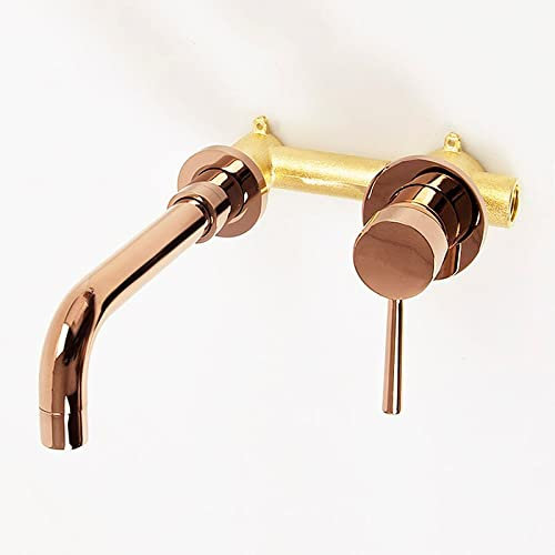 Faucet, White Paint Brass Wall Mounted Basin Faucet Bathroom Faucet in Wall Mount Single Handle Hot and Cold Mixer Water Tap (Color : White)(Rose Gold)