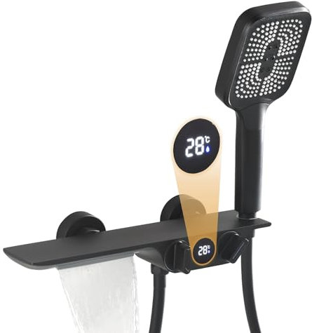 Grifo De Bañera Cascada Con Indicador de Temperatura, Grifo Bañera con Ducha de Mano 3 Funciones, Grifo Mezclador Agua Fría y Caliente, Latón (Negro)