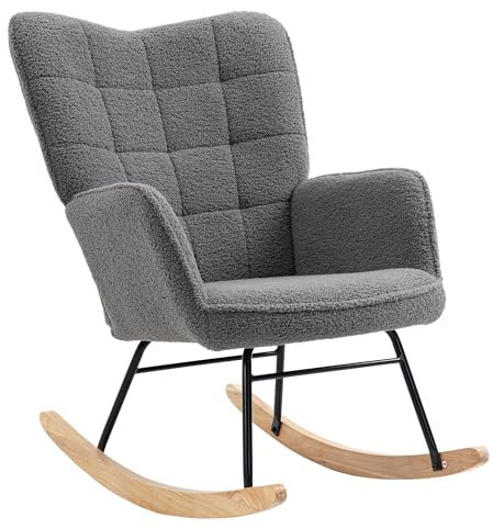 HOMCOM Wingback Rocking Chair with Wooden Base, Fleece Glider Rocker for Nursing, Modern Armchair - Dark Grey
