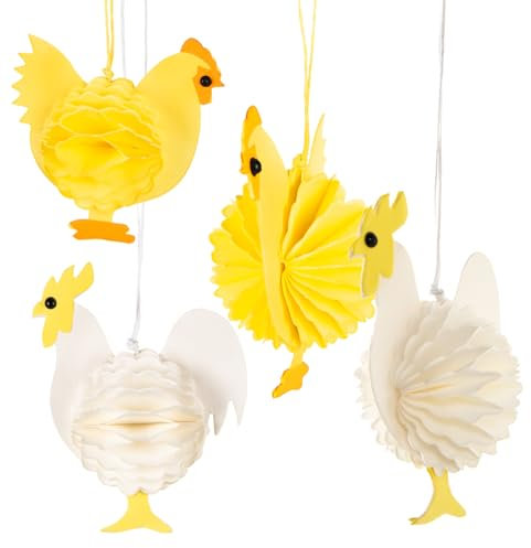 Logbuch-Verlag 4 kleine Ostern Deko Hühner zum Aufhängen gelb weiß Osterdekoration aus Papier Frühling Deko 9,5 x 7,5 cm