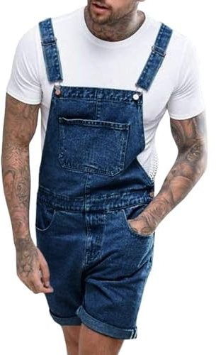 Runcati Salopette da uomo in cotone, jeans, pantaloni corti da lavoro, vestibilità larga, da uomo, in denim, con tasche, Blu scuro, L