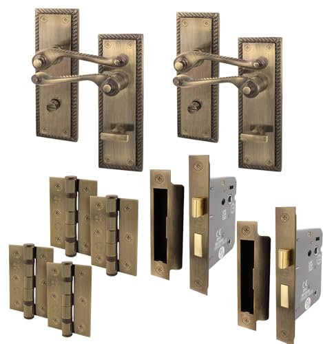 EAI Antique Brass Georgian Scroll Bathroom Door Handle Set - 2 Pairs Internal Lever Handles, Hinges & Locks 64mm - Rope Design