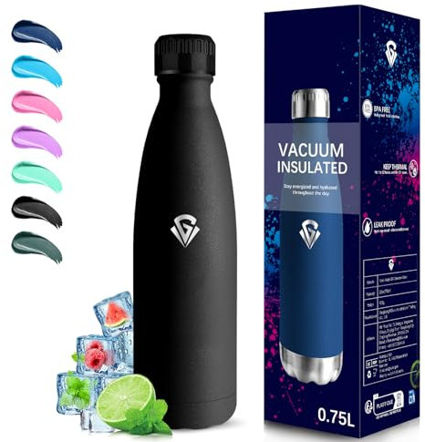 Grsta Gourde Isotherme, Gourde 750ml, 24h Froid & 12h Chaud, Gourde Inox anti Fuite, Gourde sans Bpa, Gourde Metal, Facile à Transporter, Bouteille d'eau pour Bureau, Camping, Voyage, Sport, Noir