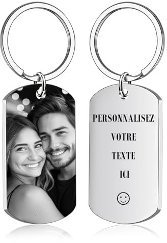 Porte-Clés Personnalisable avec Photo et Gravure Texte Double Face Porte Clef Personnalisé Cadeau pour Homme Femme Couples Amis et Famille (Gravure Argent)