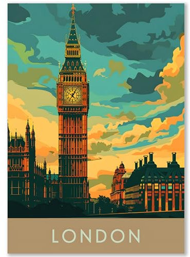 Happymotive Städteposter | London Retro Poster Vintage | Schlafzimmer Deko Bild im Hochformat | Bilder Wohnzimmer | Kunstdrucke in A2 40x60, A3 30x40, A4 20x30 300g Papier ohne Rahmen