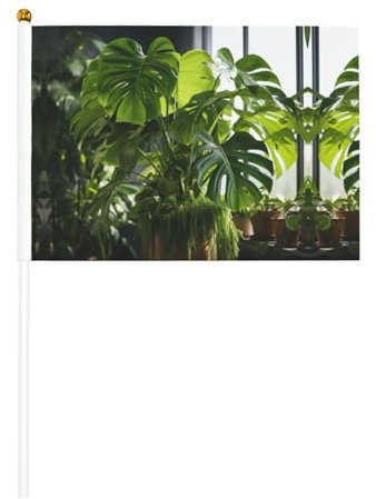 Monstera Deliciosa Bananen-Palmen-Druck, kleine Flaggen auf Stab, 14 x 21 cm, 10 Stück – Mini-Flaggen, handliche Holzstab-Flagge