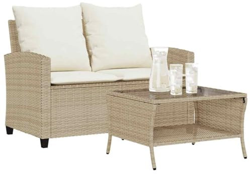 LAPOOH Gartensofa 2-Sitzer mit Kissen & Tisch Beige Poly Rattan, Gartenlounge, Garden Sofa, Balkonmöbel, Gartenmöbel, Loungemöbel - 4103849