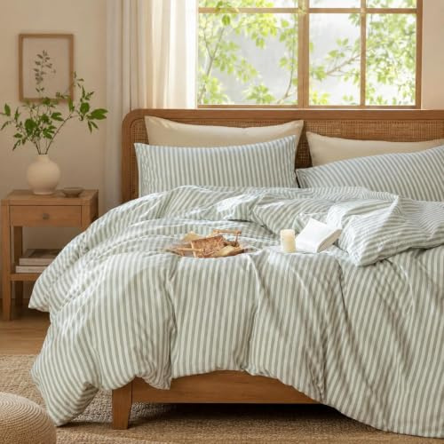 Lanqinglv Bettwäsche 200x200 Baumwolle Gestreift Grün Weiß,Streifen Muster | Oeko-TEX,Leinenoptik,Renforce Baumwolle,Bettbezug mit Reißverschluss und 2 Kissenbezug 80x80,für Allergiker Geeignet