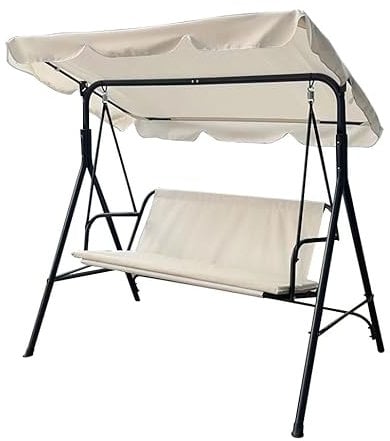 OHS 3 Seater Garden Swing, Outdoor Canopy Swing Chair Relaxing Comfy Outdoor Hammock Bench with Adjustable Canopy Cushioned Seats, Cream