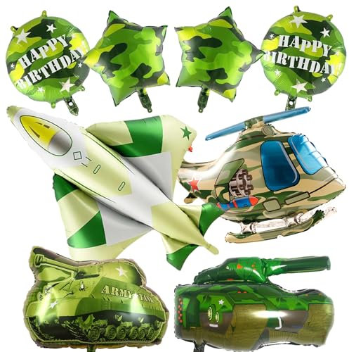TZQFROCE Flugzeug Luftballon Set 8 Stück Panzer Folienballon Hubschrauber Geburtstagsdeko Jungen Stehend Tarnung Ballon Helikopter Geburtstag Deko Flugzeuge Thema Party für Kinder Geburtstags