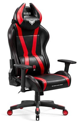 Diablo Chairs X-Horn 2.0 Kleiner Schreibtischstuhl ergonomischer Stuhl mit Lendenkissen und Memory-Kopfstütze Öko-Leder HDS verstellbare Armlehnen Tilttech 65 x 35,5 x 121 cm Schwarz-Rot