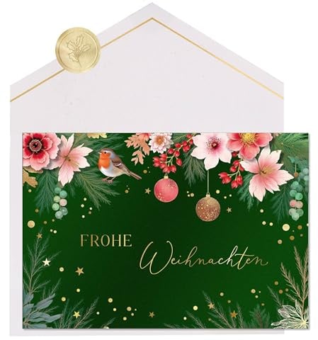 Joli Coon Weihnachtskarten Set ELEGANT Frohe Weihnachten | 300g Perlmuttpapier, Schimmereffekt, Goldveredelung, Fine-Art-Kuvert, Wachssiegel, für persönliche Weihnachtsgrüße