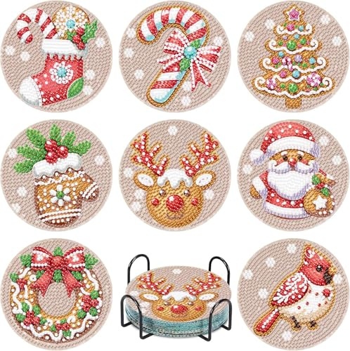 8 Pcs Christmas Diamond Art Coasters for Adults, 5D DIY Diamond Painting Coasters Kit with Holder, Easy Christmas diamond painting for Beginners, Holiday Decor