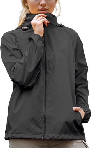 Womens Waterproof Running Jacket Quick Dry Lightweight Raincoat Hooded Rain Jacket Thin Sunscreen Water-Resistant Sports Hiking Walking Jackets Spring Autumn Summer Rain Coats Sun Protection Coat