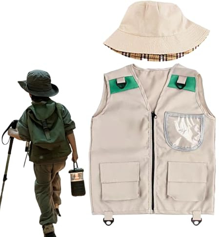 Cushangty Gilet De Pêche Enfant | Gilet d'Explorateur avec Chapeau | Vêtements Enfant Pour Pêche Randonnée Chasse Jungle Exploration