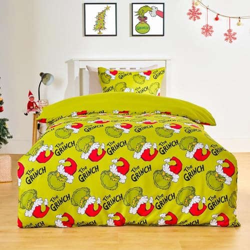 OHS Grinch Double Duvet Set, Officially Licensed Grinch Bedding Super Soft Warm Microfibre Christmas Bedding for Kids Cosy Comfy Duvet Cover Double with Pillowcases, Green