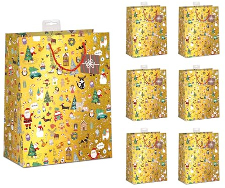PremiumLine Geschenktüten Weihnachten, 6 Stück | Hochwertig beschichtet & mit Beschriftungskarte | Sehr Stabil, Verstärkter Boden & Rand | FSC® Karton 210 g/m² | DIN A5 (18x23x10cm)