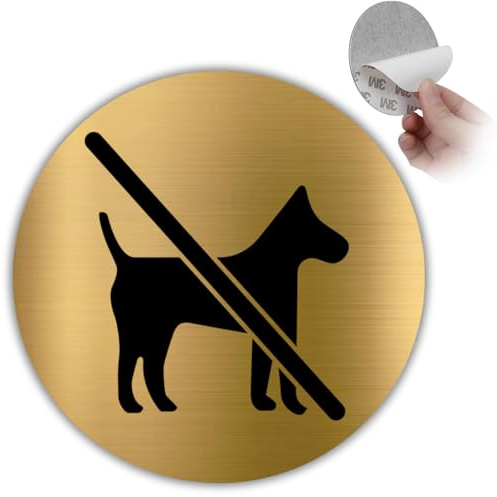 LEIASA | Señal Prohibido Perros Dorado - Diámetro 10 cm - Grosor 0.8 mm - Aluminio - Placa Redonda Adhesiva - Cartel No Perros - Rótulo Prohibición (Señal Prohibido Perros)