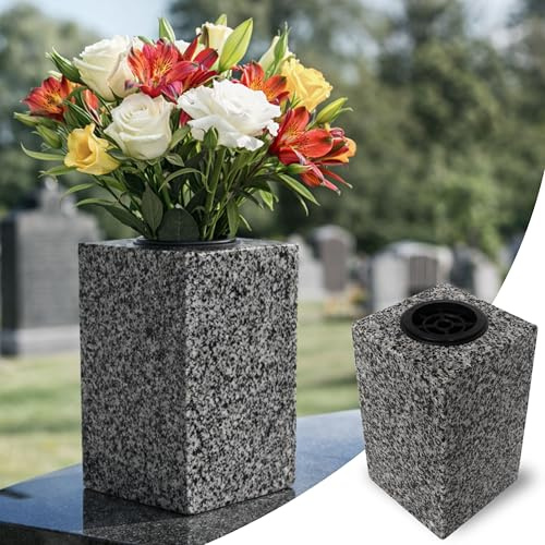 NOVECRAFTO Granite Memorial Vases for Graves – Heavy Grey Granite Grave Vase for Flowers, Solid Stone Flower Pot with Removable Insert – Cemetery Grave Flower Holder for Fresh & Artificial Flowers