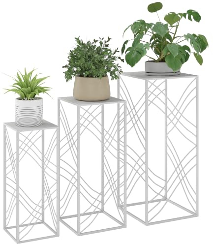 Outsunny 3er-Set Pflanzenständer 50/60/70 cm hoch Blumenständer Weiß | Stapelbar Pflanzenregal aus Metall, Blumenregal, Blumenhocker, Blumentopfständer für Wohnzimmer, Garten Balkon Deko